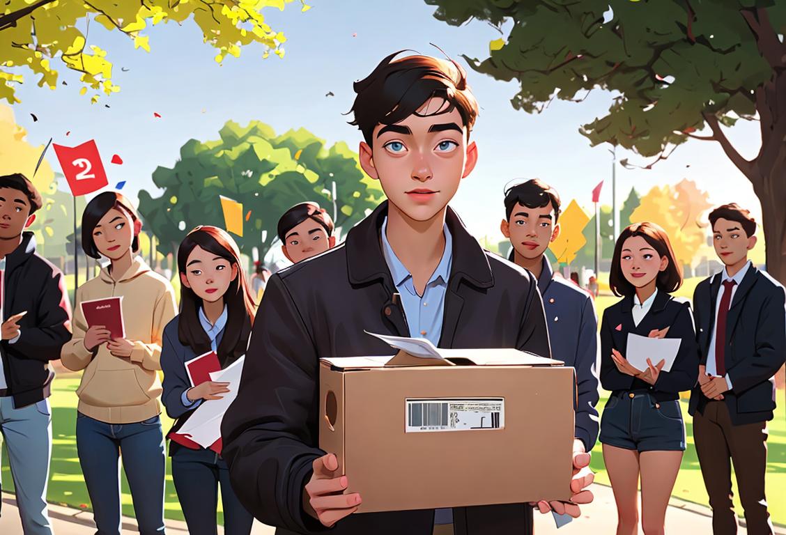 Young person in casual outfit, holding a voting ballot, diverse group of young people in the background at a park..
