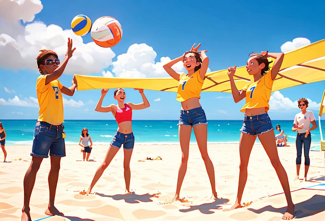 A group of friends wearing colorful jorts, enjoying a sunny day at the beach, with a lively beach volleyball game in the background..