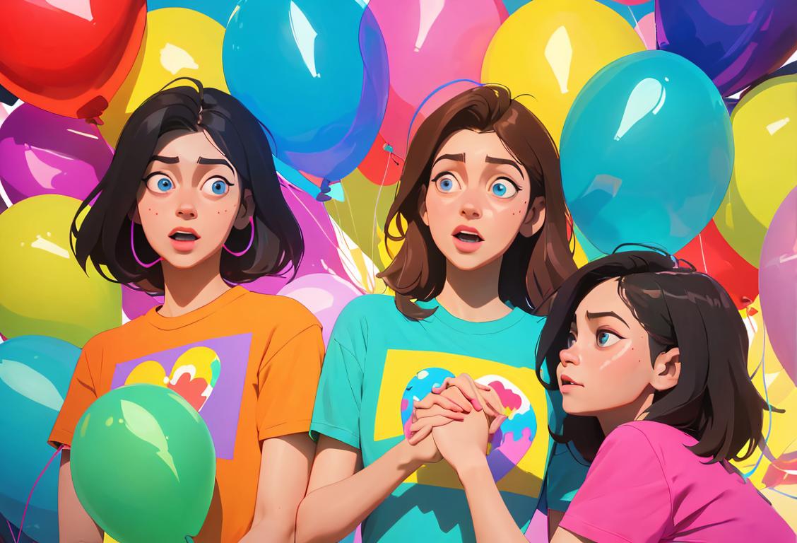 Group of people wearing colorful matching t-shirts, holding hands, surrounded by balloons and streamers..