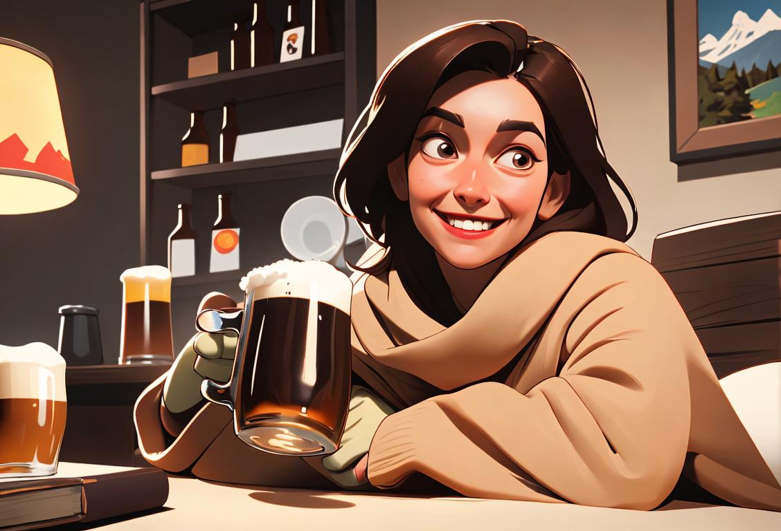 A cheerful person enjoying a cup of coffee while holding a beer mug, surrounded by cozy elements like blankets and books..