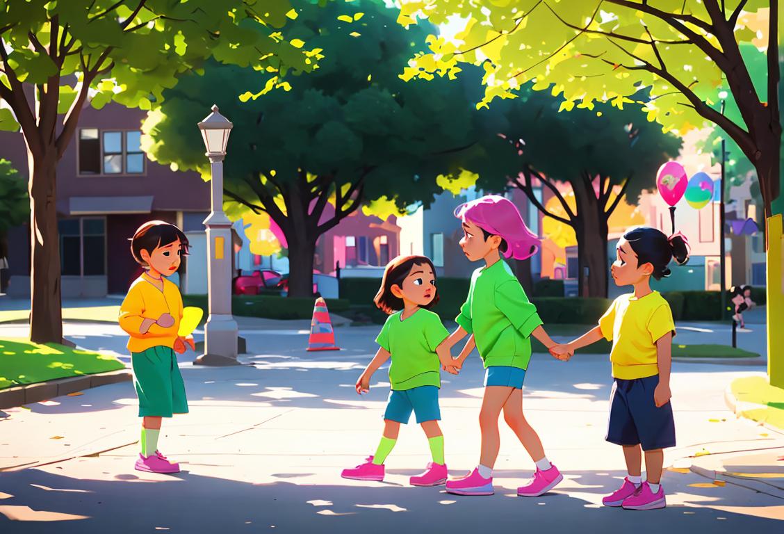 A diverse group of children, wearing brightly colored clothing, playing safely at a neighborhood park..