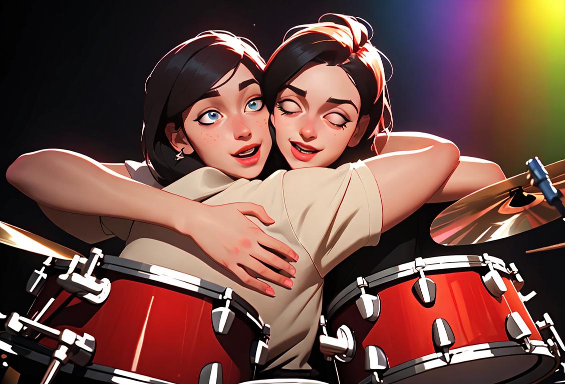 A group of diverse musicians happily hugging a drummer, dressed in trendy outfits, surrounded by colorful music instruments and stage lights..