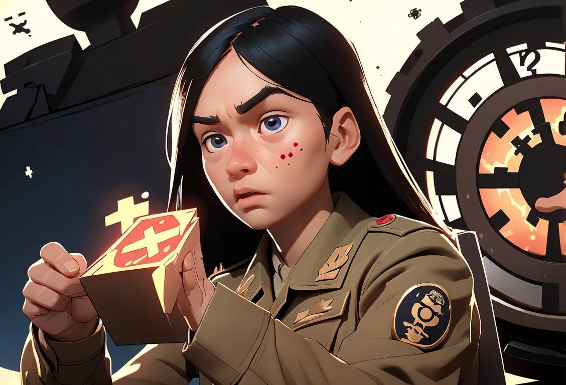 Young person communicating in code, wearing a military uniform, cryptic symbols in background, war time setting.
