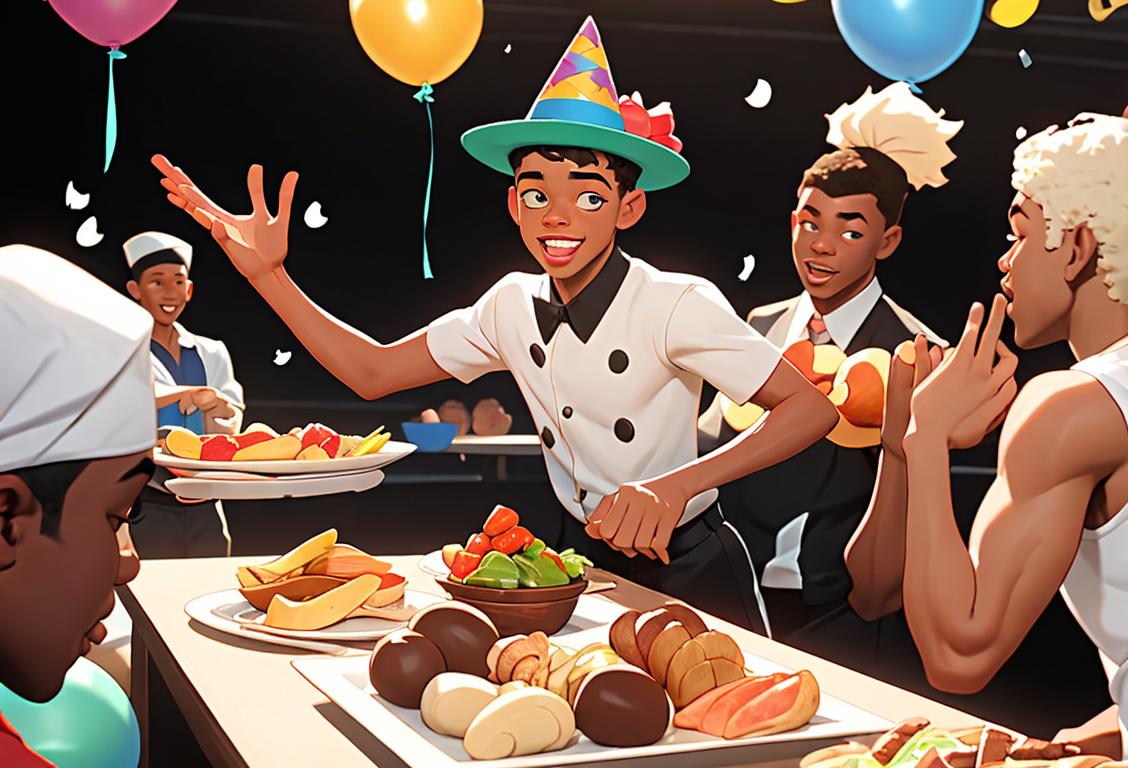 Young boy with Keshon-themed party hat, surrounded by delicious food, energetic sports activity, and diverse group of friends, celebrating the joyous spirit of National Keshon Day!.
