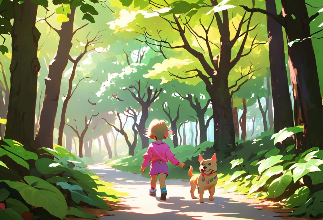 A child in colorful clothing, playing and pretending to walk a virtual dog, in a whimsical fantasy forest..