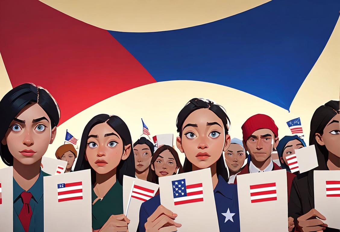 Young diverse group of people holding voting ballots, dressed in casual attire, against a backdrop of a patriotic flag..