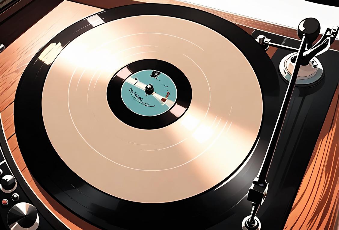 Close-up image of a vintage vinyl record spinning on a turntable, with a cozy living room setting and retro decor..