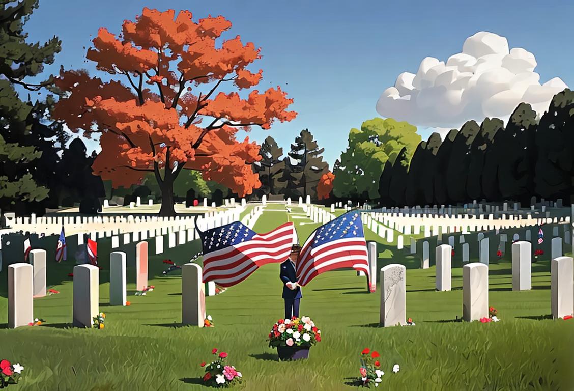 A family standing at a national cemetery, holding flowers, with an American flag in the background. They are dressed in patriotic attire and surrounded by a peaceful setting..