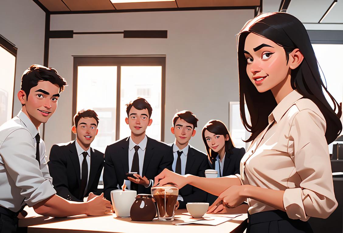 A young intern proudly showcasing their coffee-making skills in a trendy office, wearing business casual attire, surrounded by enthusiastic colleagues..