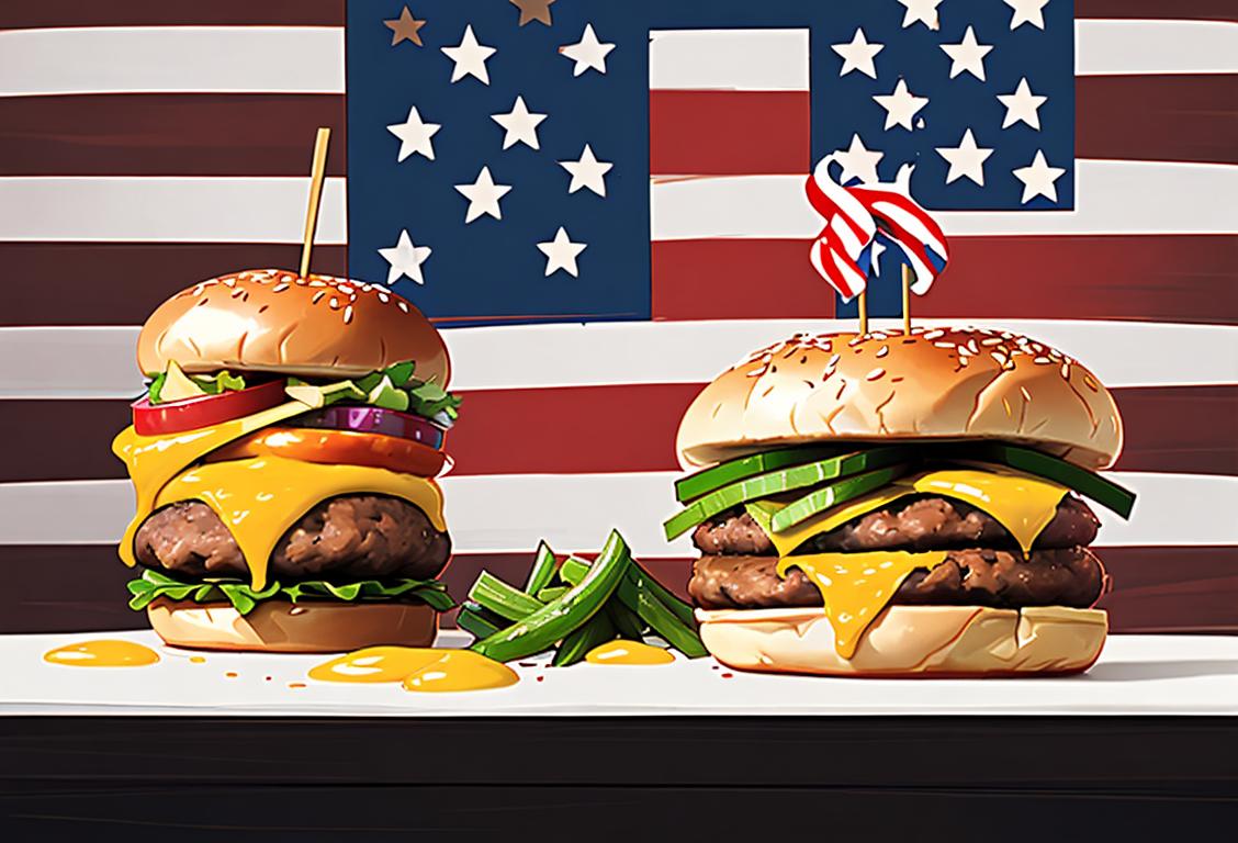 A diverse group of Americans wearing patriotic outfits, holding signs with comically exaggerated annoyances like 'Traffic Jams', 'Overcooked Burgers', and 'Slow Wi-Fi'..