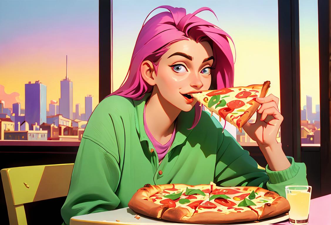 Young adult joyfully eating a slice of pizza, wearing casual 90s fashion, surrounded by a vibrant cityscape..