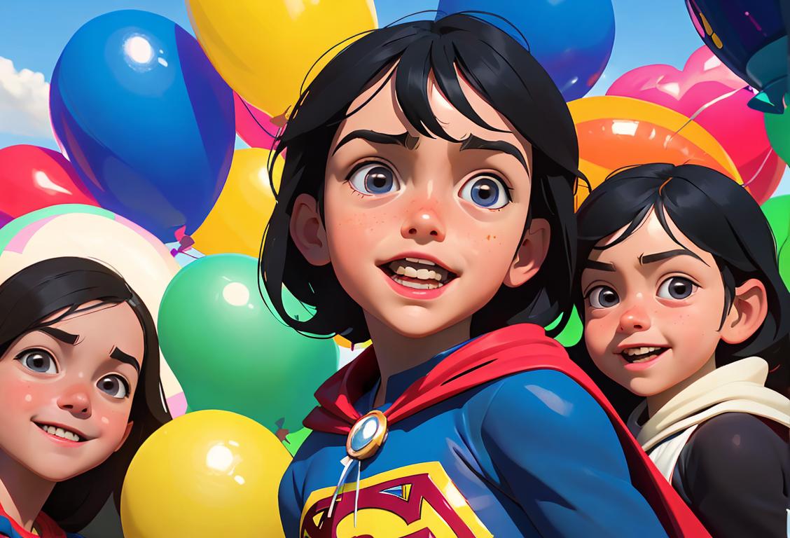 Child wearing a superhero cape, surrounded by colorful balloons and happy children's faces, outdoor park setting..