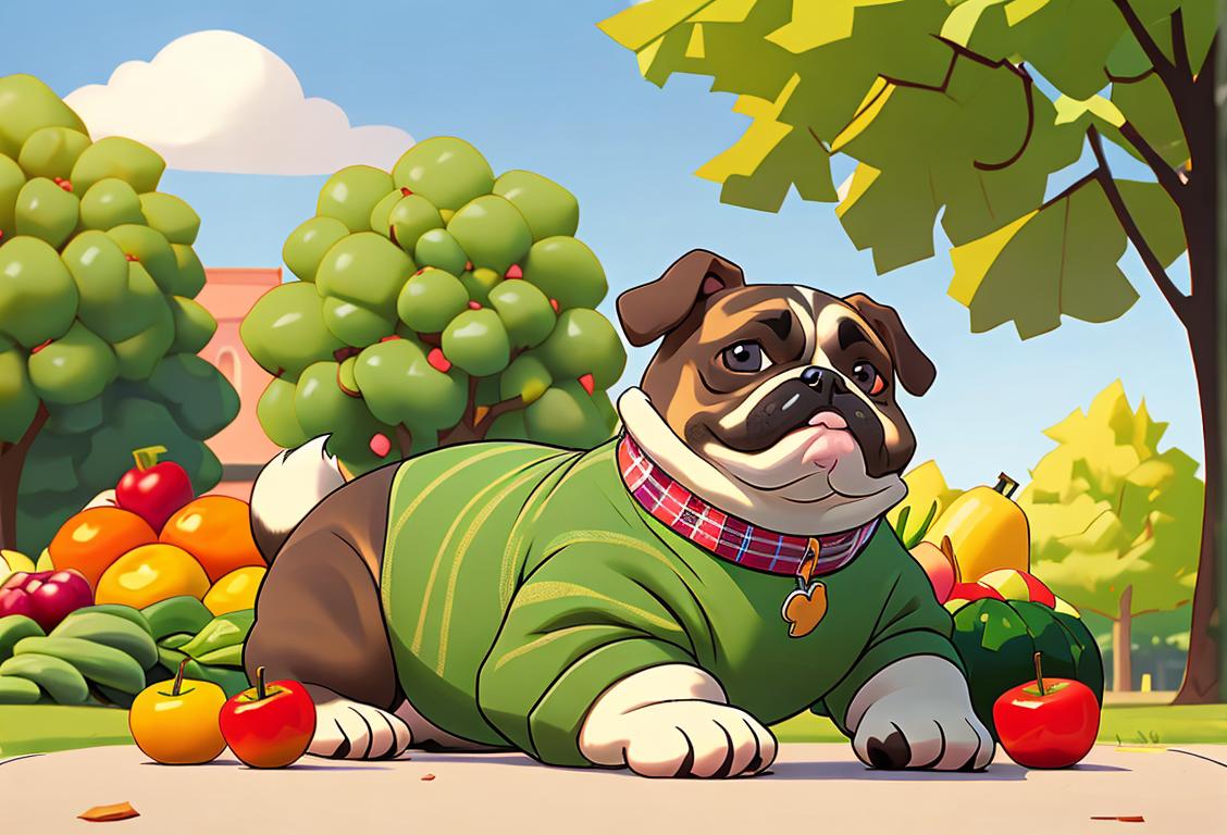 Adorable overweight dog, wearing a stylish plaid collar, surrounded by healthy fruits and vegetables in a sunny park..