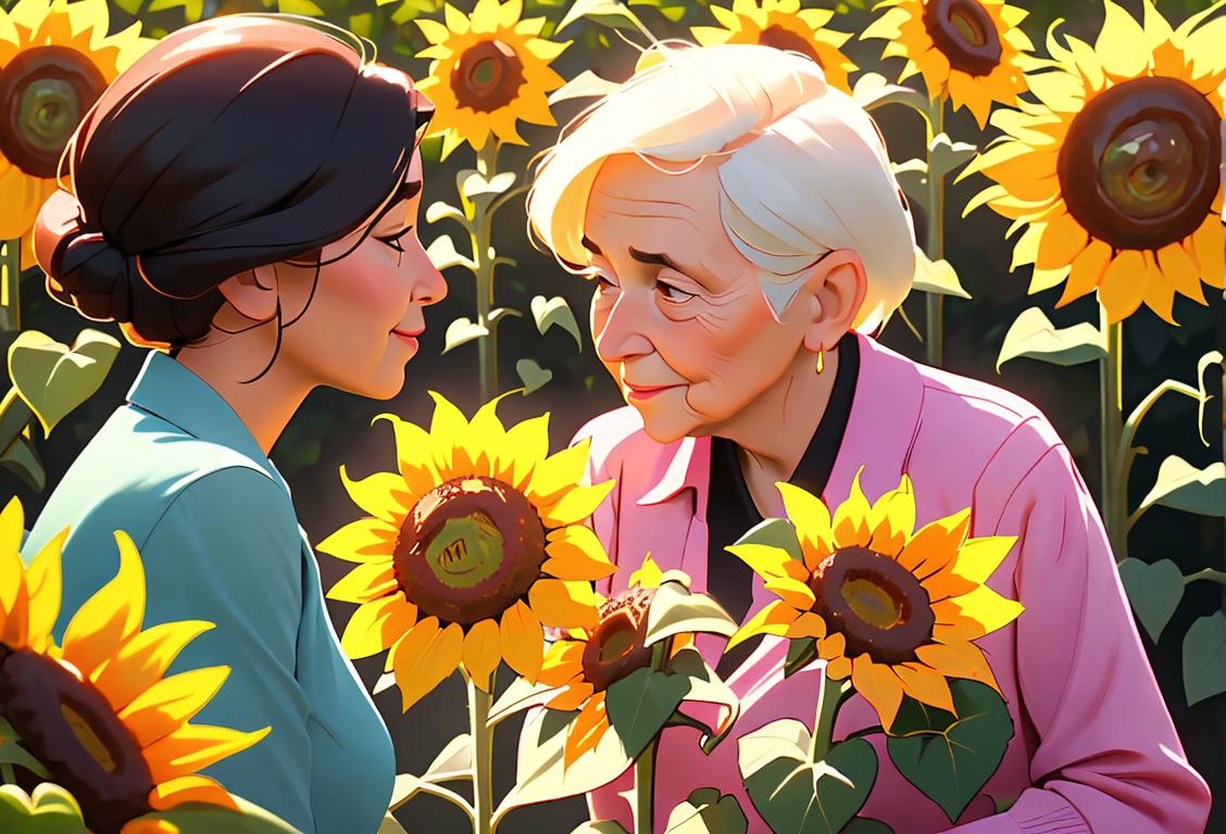 Young girl giving a heartwarming compliment to an elderly woman, surrounded by blooming sunflowers, summer fashion, outdoor park setting..