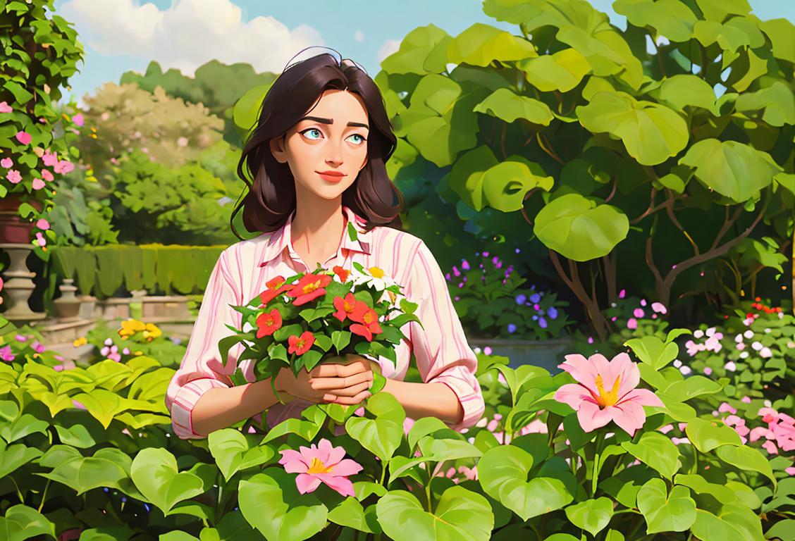 A person in gardening attire, holding colorful flowers, surrounded by lush greenery and a beautiful garden backdrop..