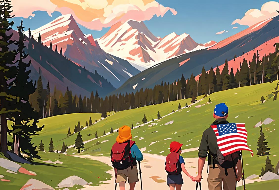 A family of hikers with American flag bandanas and backpacks, exploring a scenic national park landscape on Presidents Day..