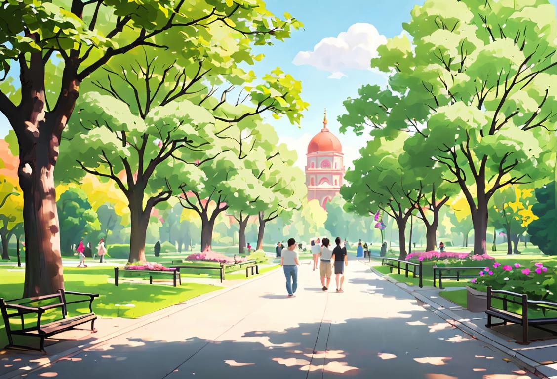 A group of diverse individuals enjoying clean air outdoors, wearing casual attire, in a park surrounded by trees and flowers..