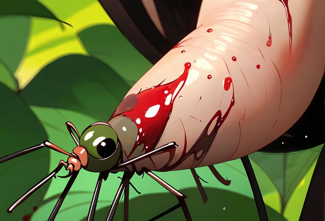 A close-up of a mosquito sucking blood from someone's arm, with a backdrop of lush greenery..