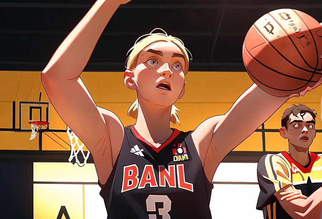 Young German basketball player dunking a basketball, wearing the national team uniform, with cheering crowd in the background..