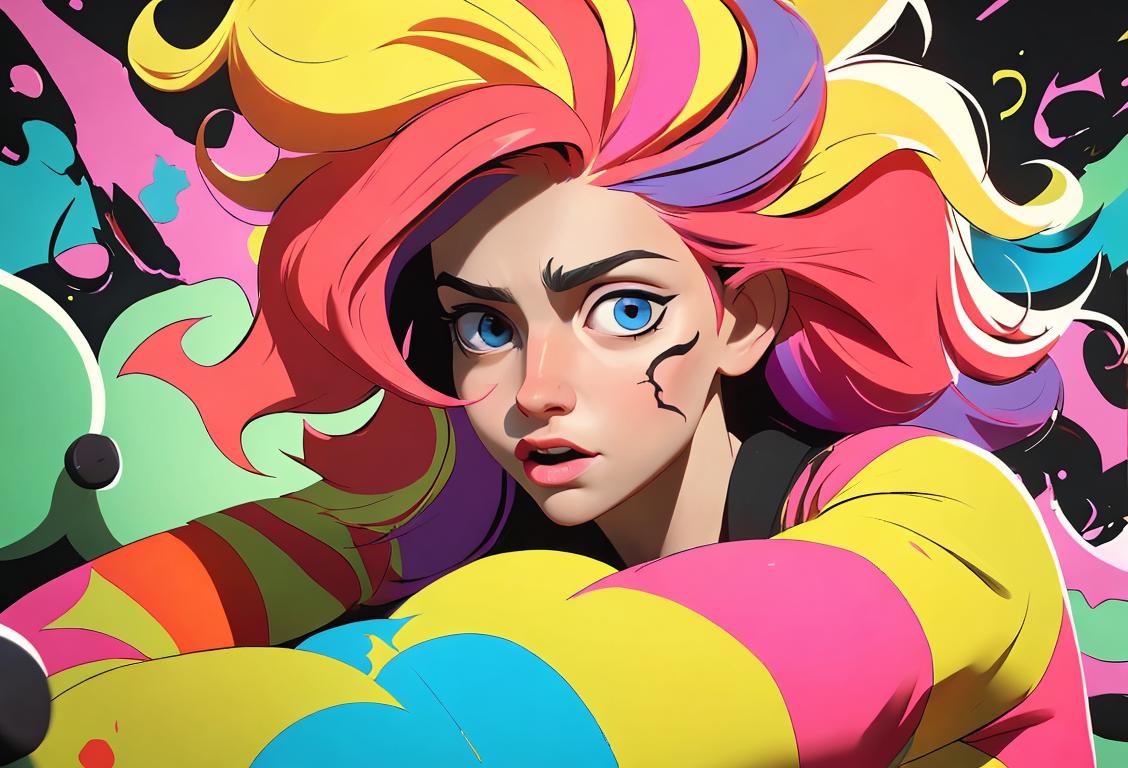 A person with wild hair, dressed in colorful clothing, surrounded by chaos, embracing the lack of control on National No Control Day..