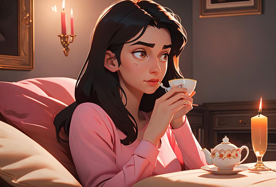 Young woman with a cup of tea, cozy in pajamas, surrounded by candles, enjoying a heartwarming rom-com movie night..