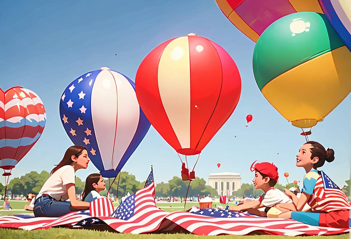 A diverse group of people gathering on the National Mall, dressed in patriotic colors, enjoying a picnic with American flags and balloons in a festive atmosphere..