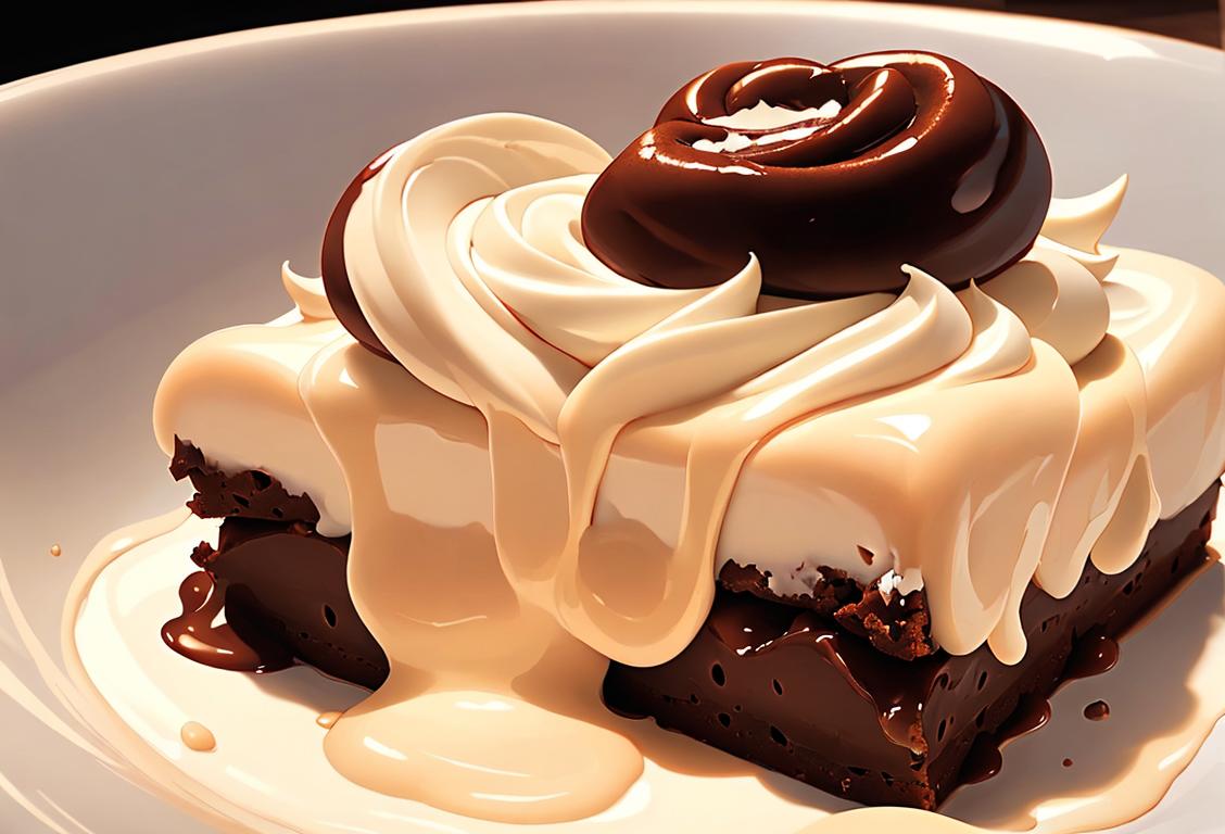 A mouthwatering image of a rich and fudgy cream cheese brownie, adorned with swirls of creamy goodness, set against a backdrop of a cozy kitchen.