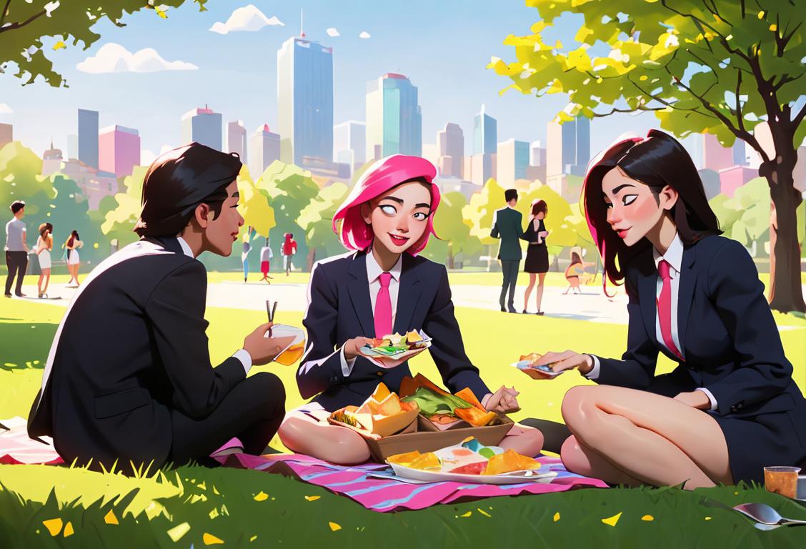 Young professionals enjoying a colorful picnic lunch in a vibrant urban park, wearing stylish business attire, modern city skyline in the background..