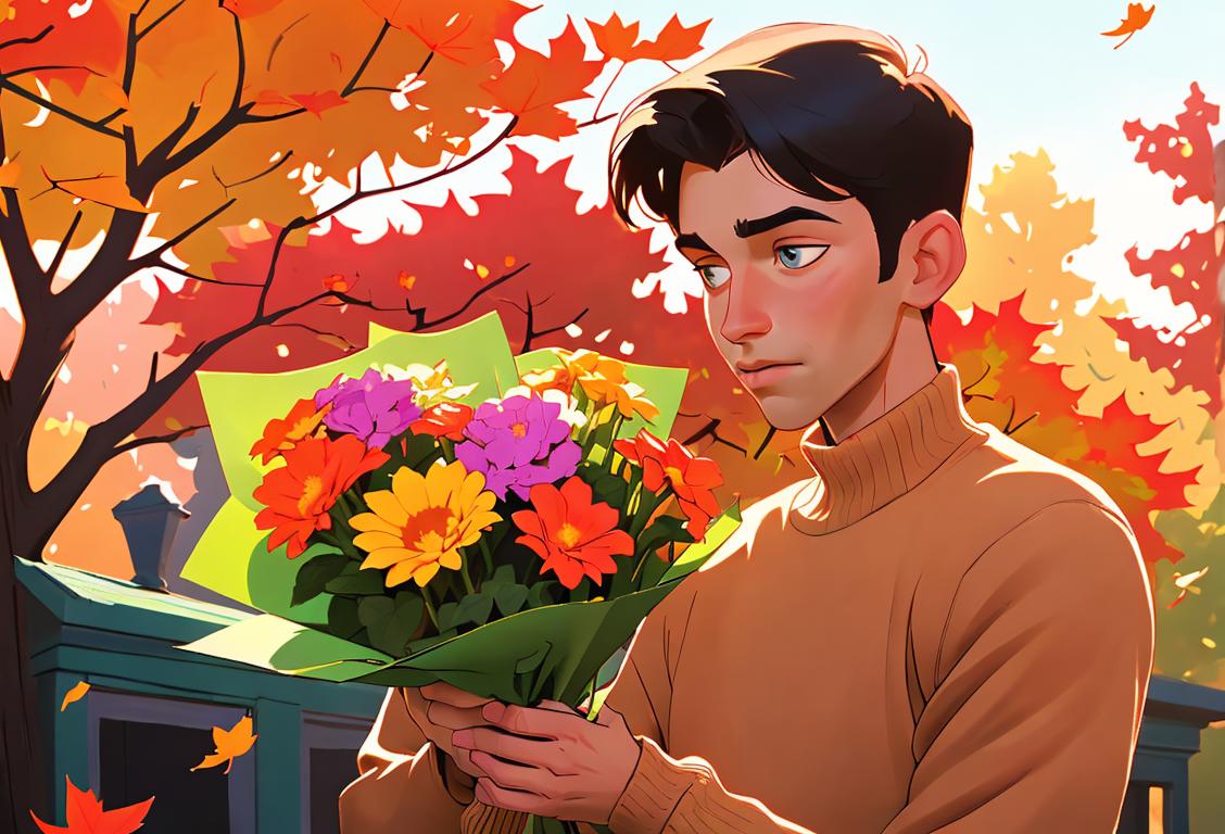 Young man tossing a bouquet of flowers into the air, wearing a cozy sweater, autumn setting with colorful leaves..