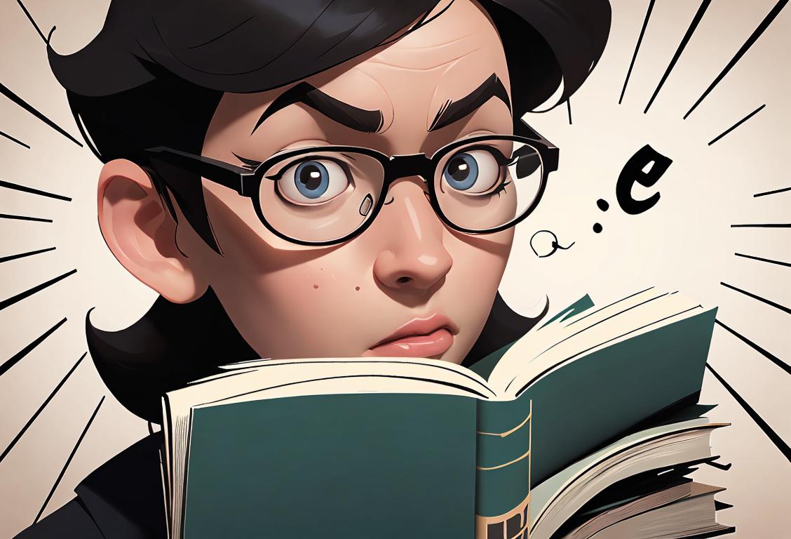 A nerdy person surrounded by books, wearing glasses, with a thought bubble filled with words and grammar symbols..
