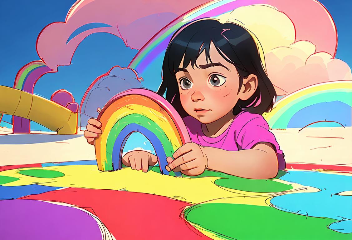 A child holding an Etch A Sketch, wearing colourful clothes, surrounded by a playground, with a rainbow in the sky..