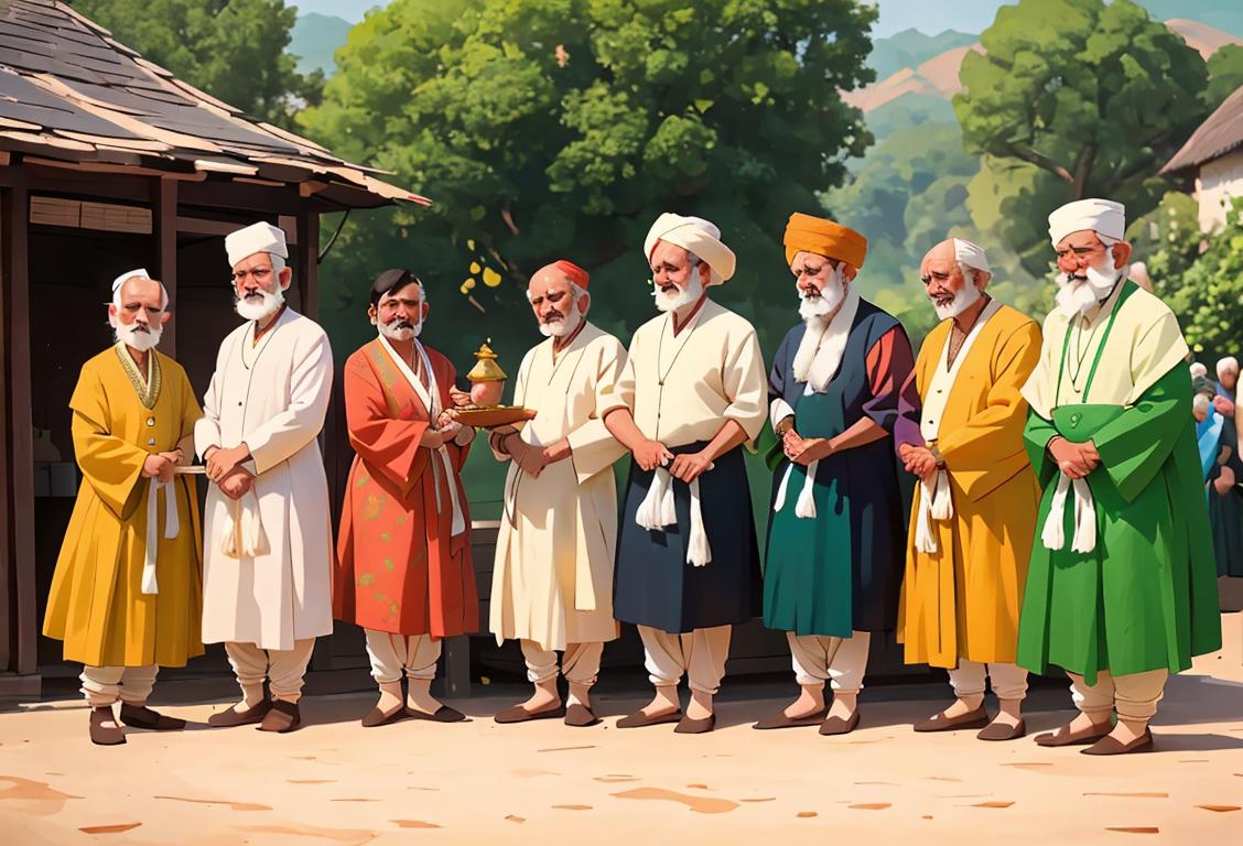 Group of diverse individuals wearing traditional clothing, displaying unity, celebrating National Panchayat Day in a vibrant village setting..