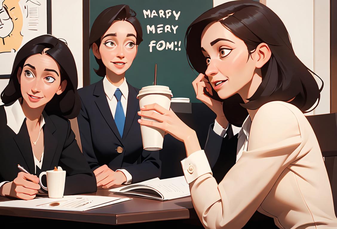 Happy woman in business attire, coffee cup in hand, surrounded by family, bustling office scene..