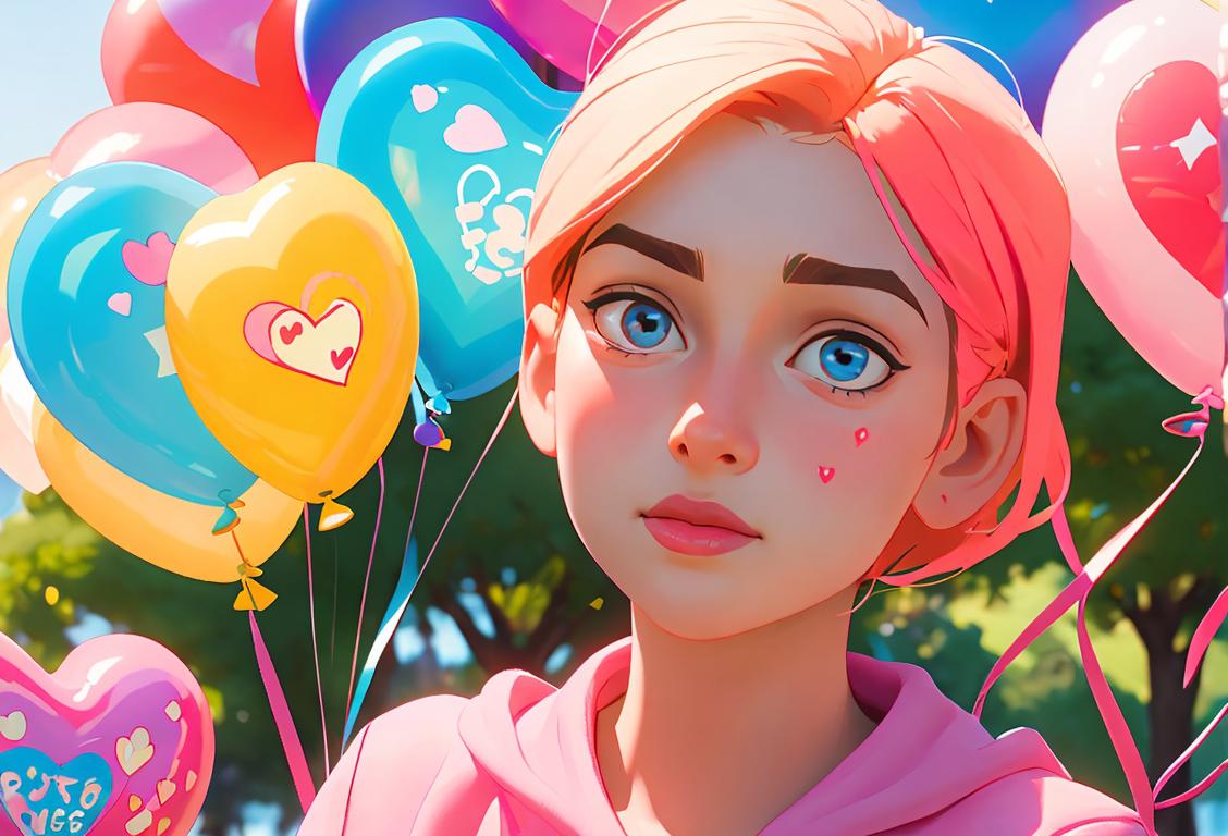 Young person wearing a heart-shaped pin, caring for others, surrounded by colorful balloons and a sunny park scene..