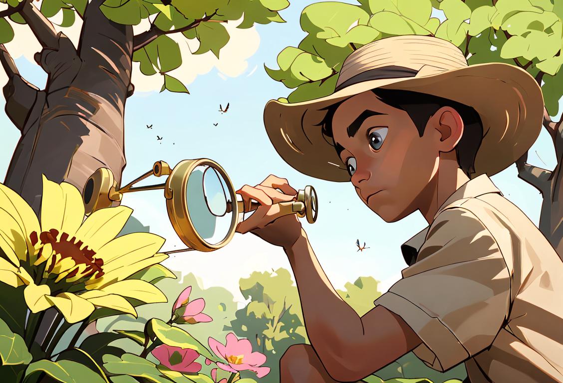Young boy examining an insect through a magnifying glass, wearing a safari hat, outdoor nature setting with trees and flowers..