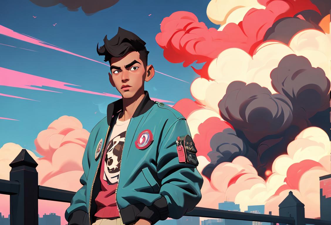 Young man surrounded by colorful smoke clouds, wearing a trendy bomber jacket, urban city setting..