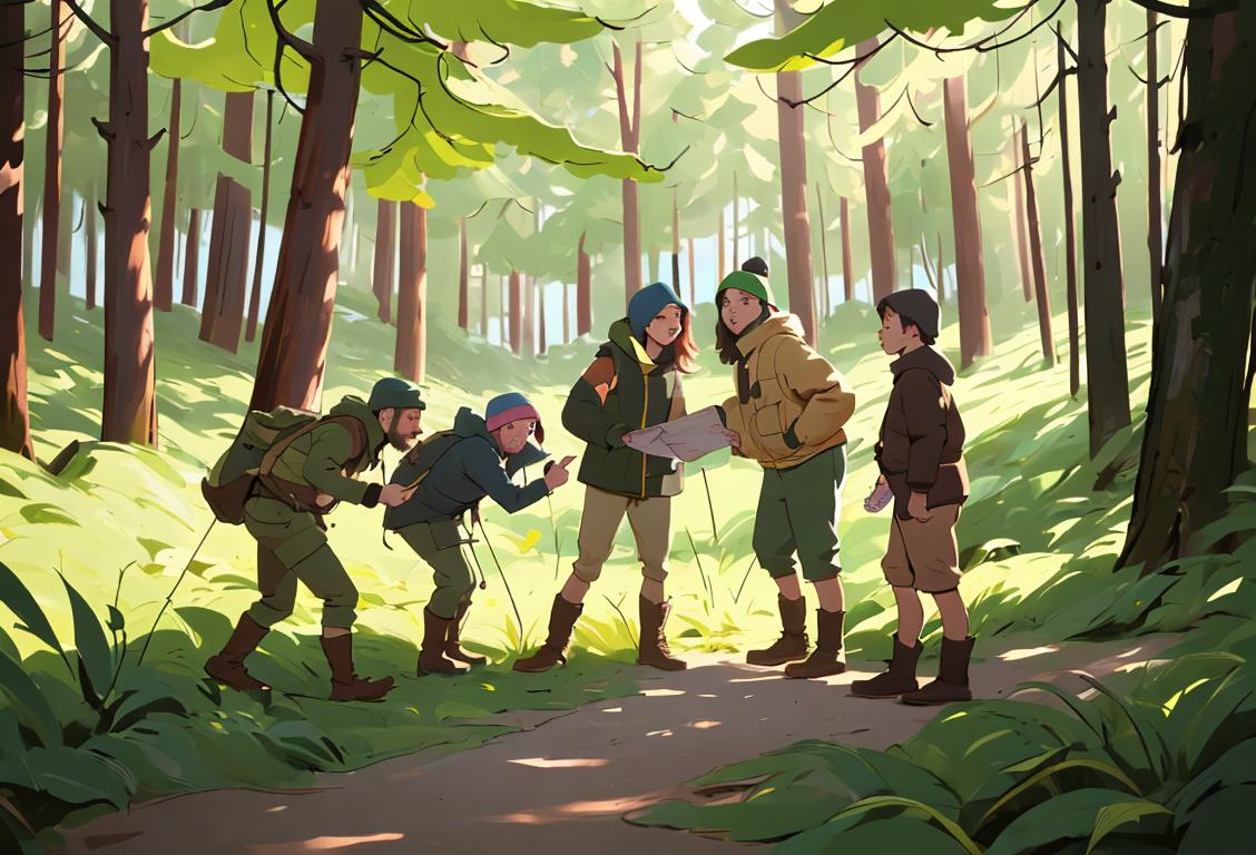 A diverse group of people huddled together, seemingly lost, surrounded by a forest, wearing mismatched clothing, adventurous outdoor scene, compass and map on the ground..