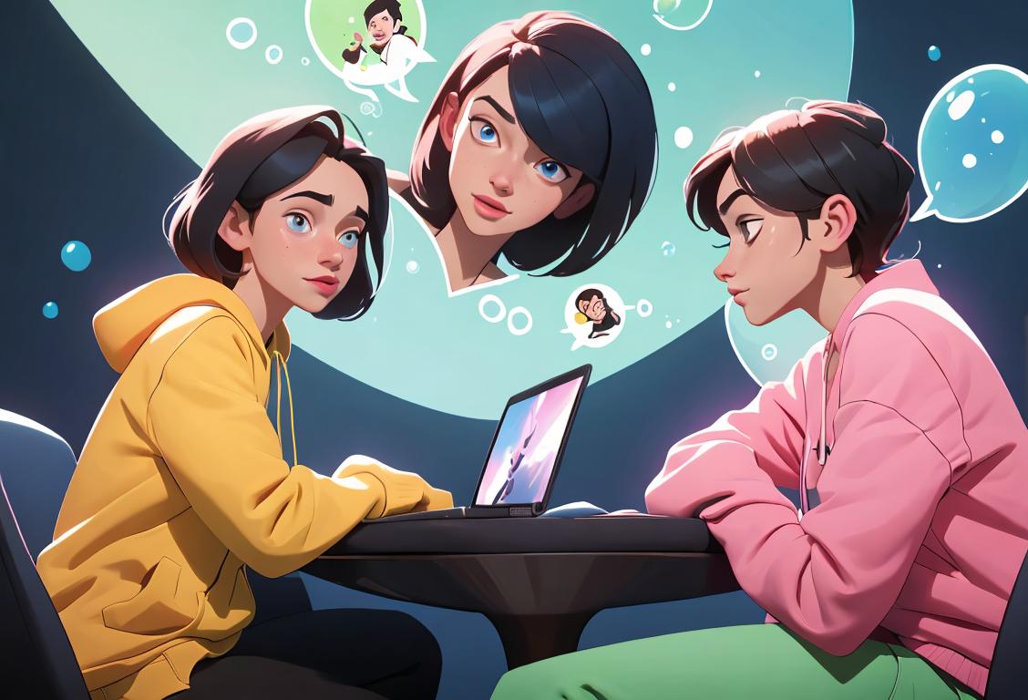 Two individuals, dressed in modern, casual clothing, sitting back to back with laptops, surrounded by vibrant digital screens and chat bubbles.