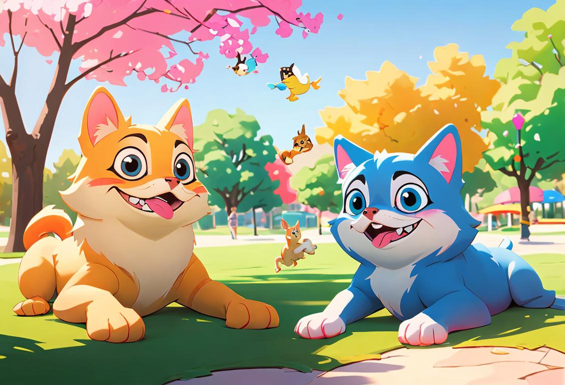 A happy pet surrounded by playful friends, wearing a colorful bandana, enjoying a sunny park outing..
