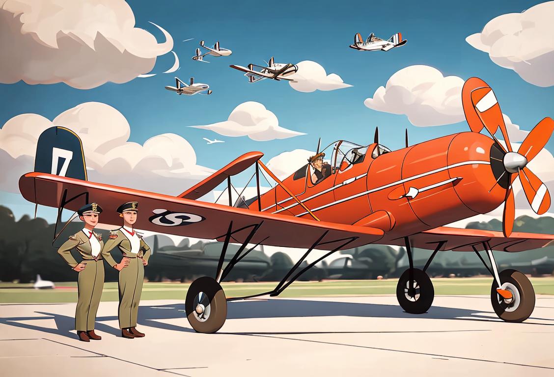 A group of people, dressed in vintage pilot uniforms, standing in front of a historic biplane, surrounded by aviation memorabilia..