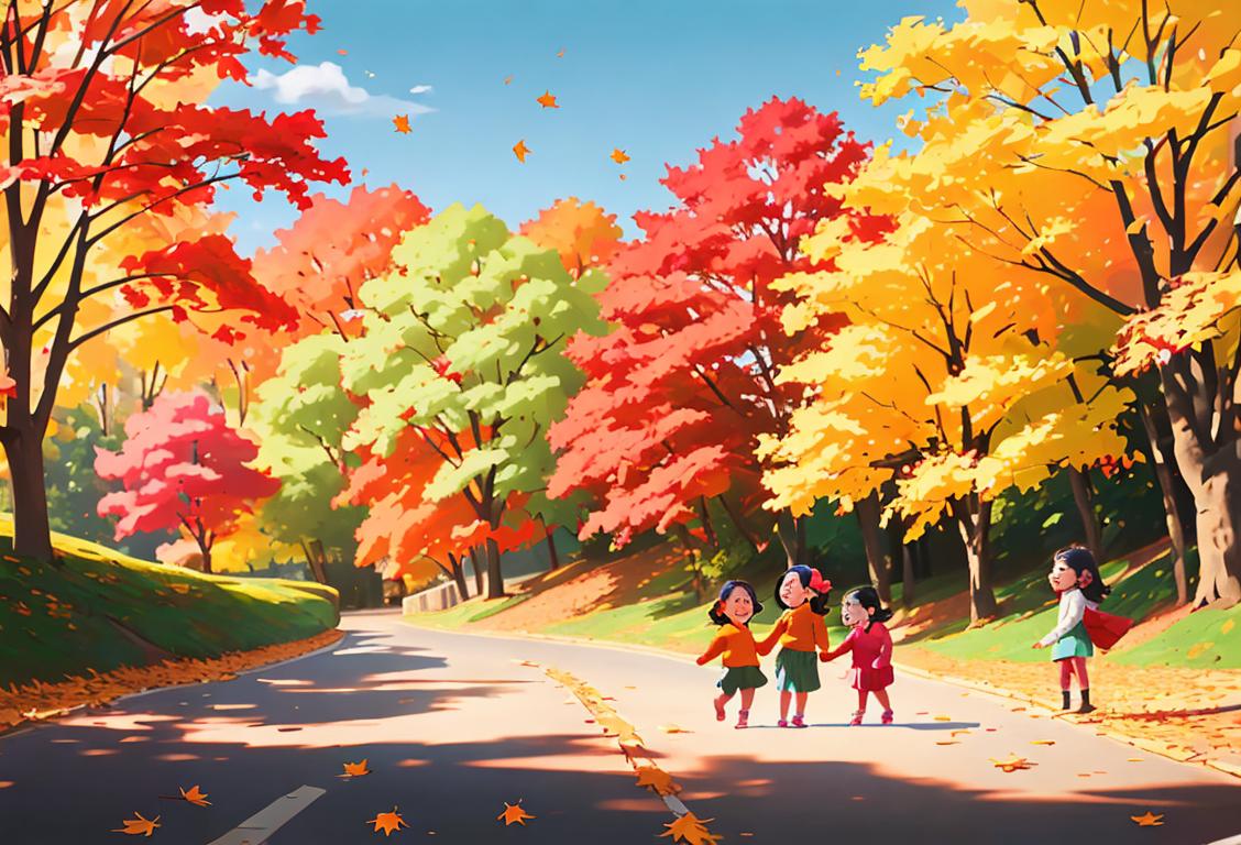 Joyful children appreciating the beauty of autumn leaves, wearing colorful sweaters, nestled in a picturesque park setting..