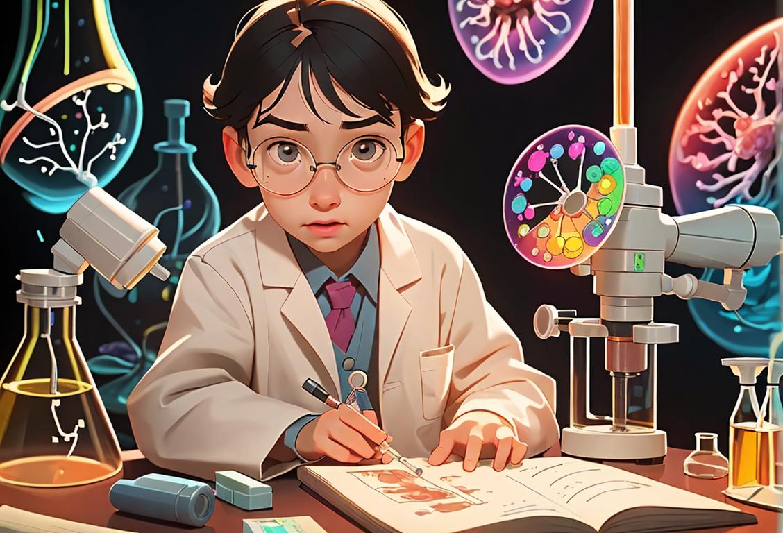 Young child in a lab coat, examining a microscope, with colorful science-themed background, surrounded by books and test tubes..