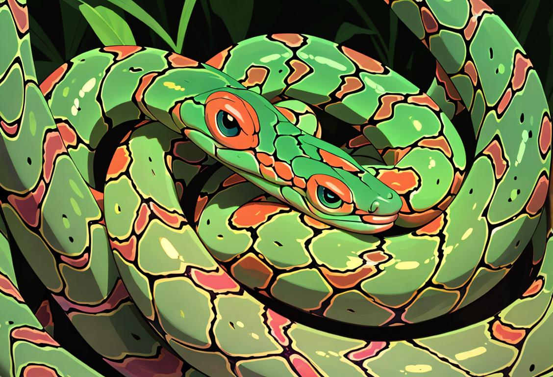 Close-up of a slithering snake with vibrant colors, surrounded by lush greenery, showcasing the beauty and diversity of snakes on National Snakes Leech Day.