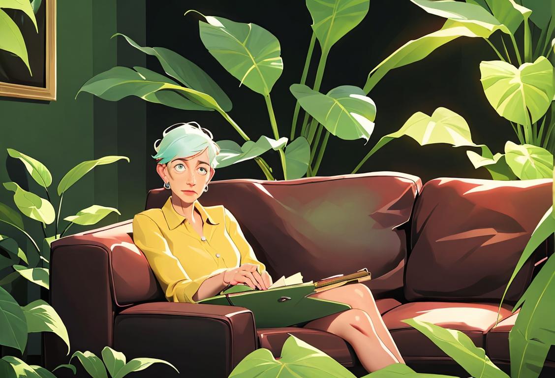 A person sitting on a therapist's couch, surrounded by calming colors and plants, exploring the world of psychotherapy..