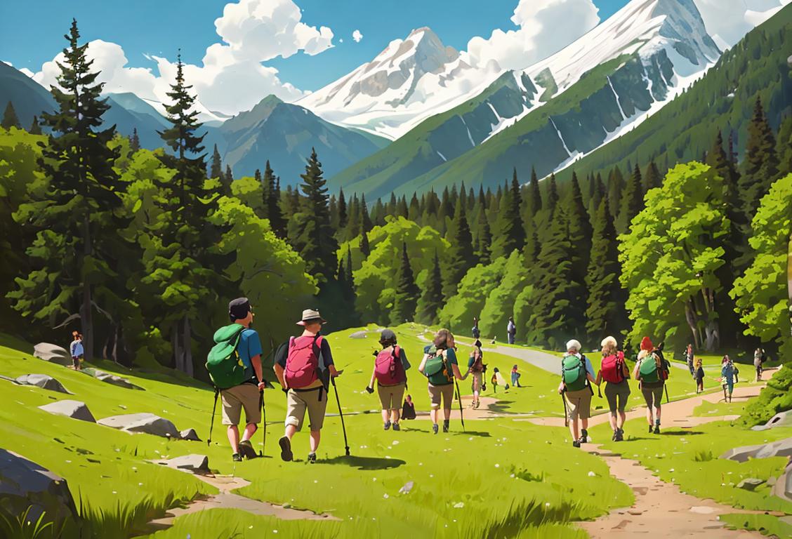 Group of diverse people hiking in a national park, wearing outdoor gear, surrounded by lush greenery and majestic mountains..