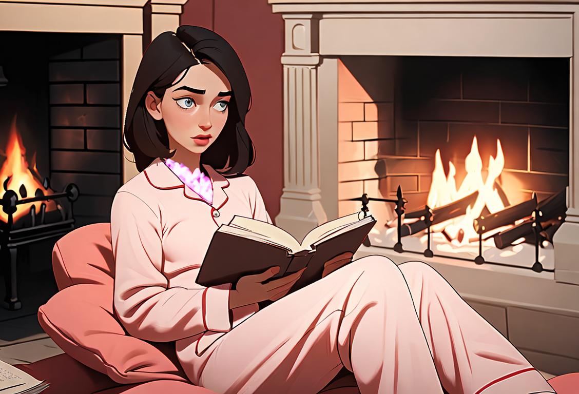 Young woman holding a hot water bottle, wearing cozy pajamas, reading a book by a fireplace..
