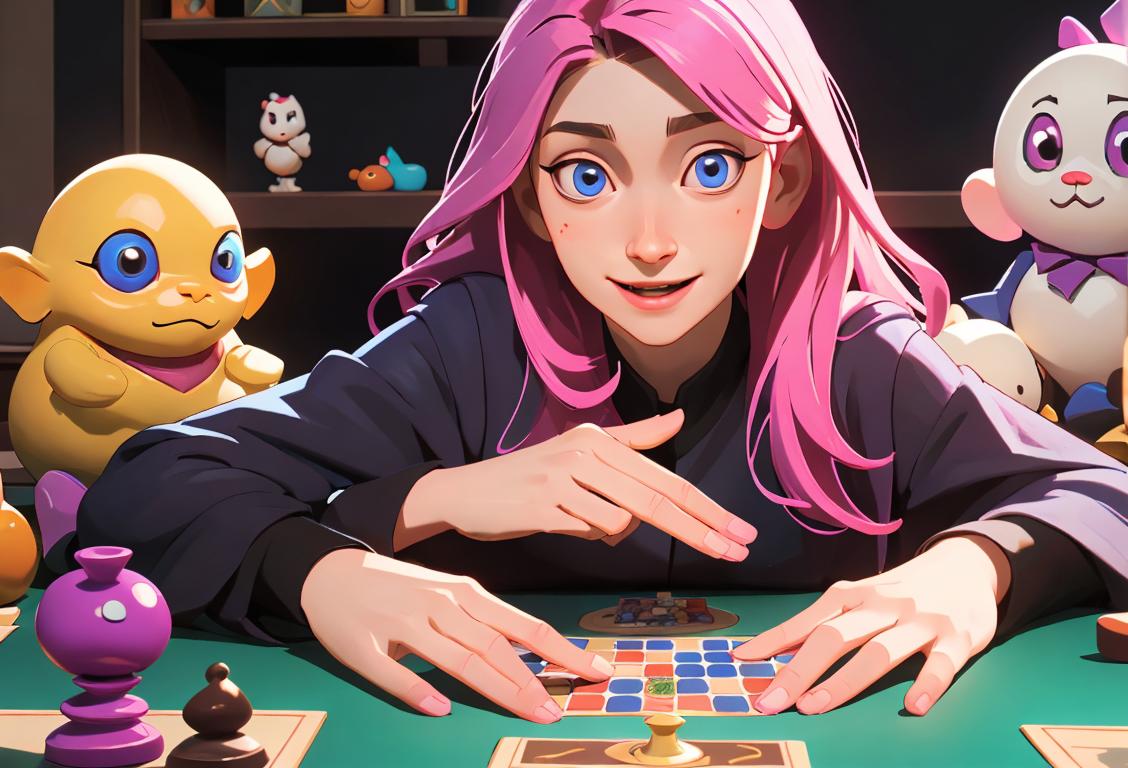 Happy person holding a haoshua board game, wearing a colorful outfit, surrounded by a group of curious friends, living room setting..