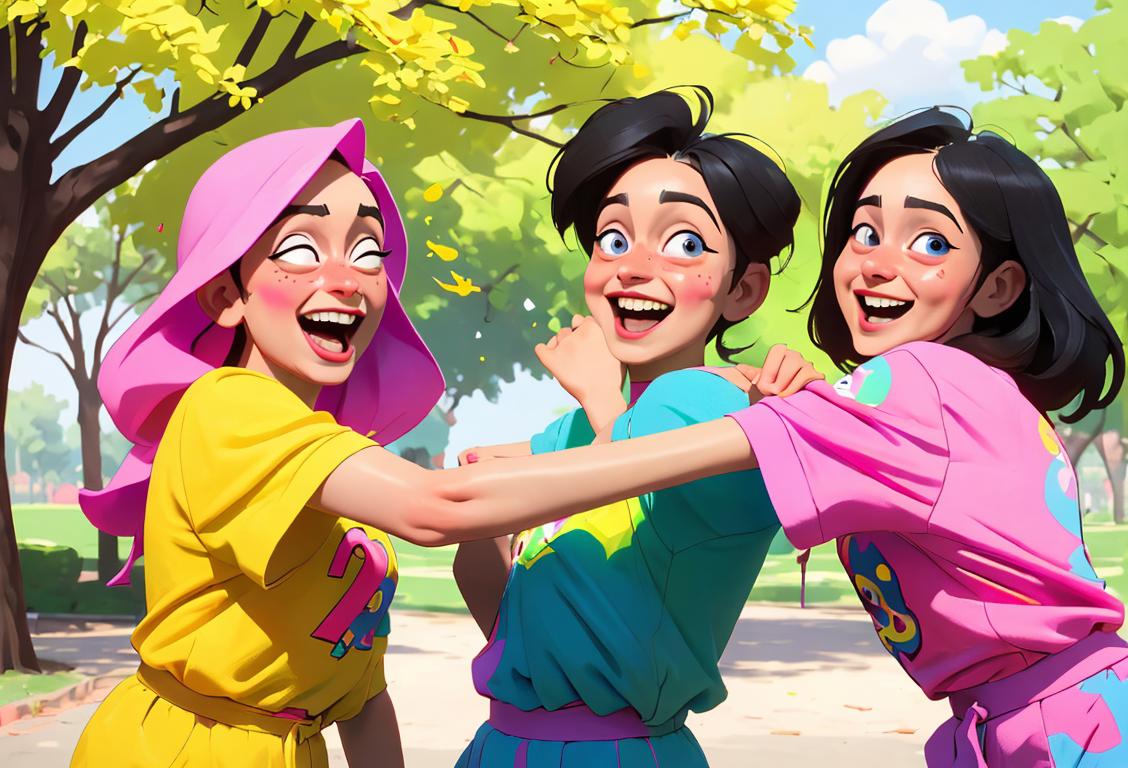 A group of friends wearing colorful mismatched outfits, laughing and playing pranks in a park, embracing the spirit of National Popat Day..