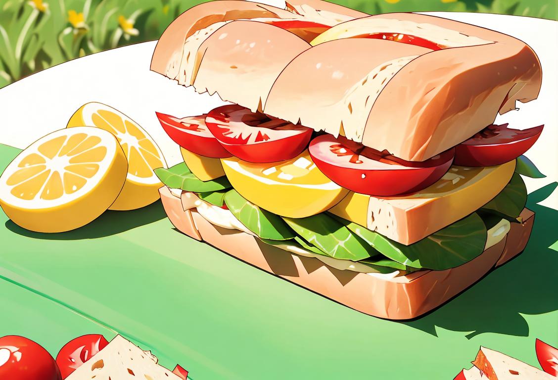 A cheerful person bites into a delicious sandwich, surrounded by a sunny picnic scene with fresh ingredients and a hint of nostalgia..