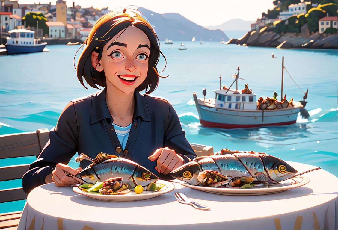 A cheerful woman enjoying a plate of sardines with a picturesque seaside backdrop, dressed in nautical-inspired clothing, capturing the essence of National Sardines Day..